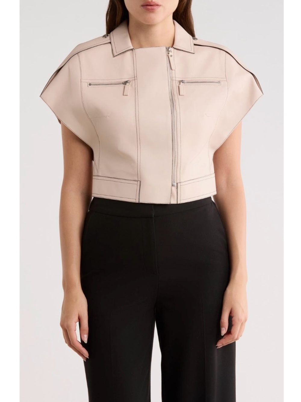 Longchamp Leather Cap Sleeve Crop Jacket in Color Power Size 8 - Picture 1 of 8